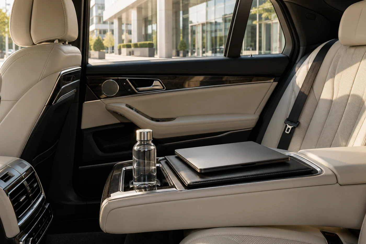 Comfortable executive car interior prepared for a private journey